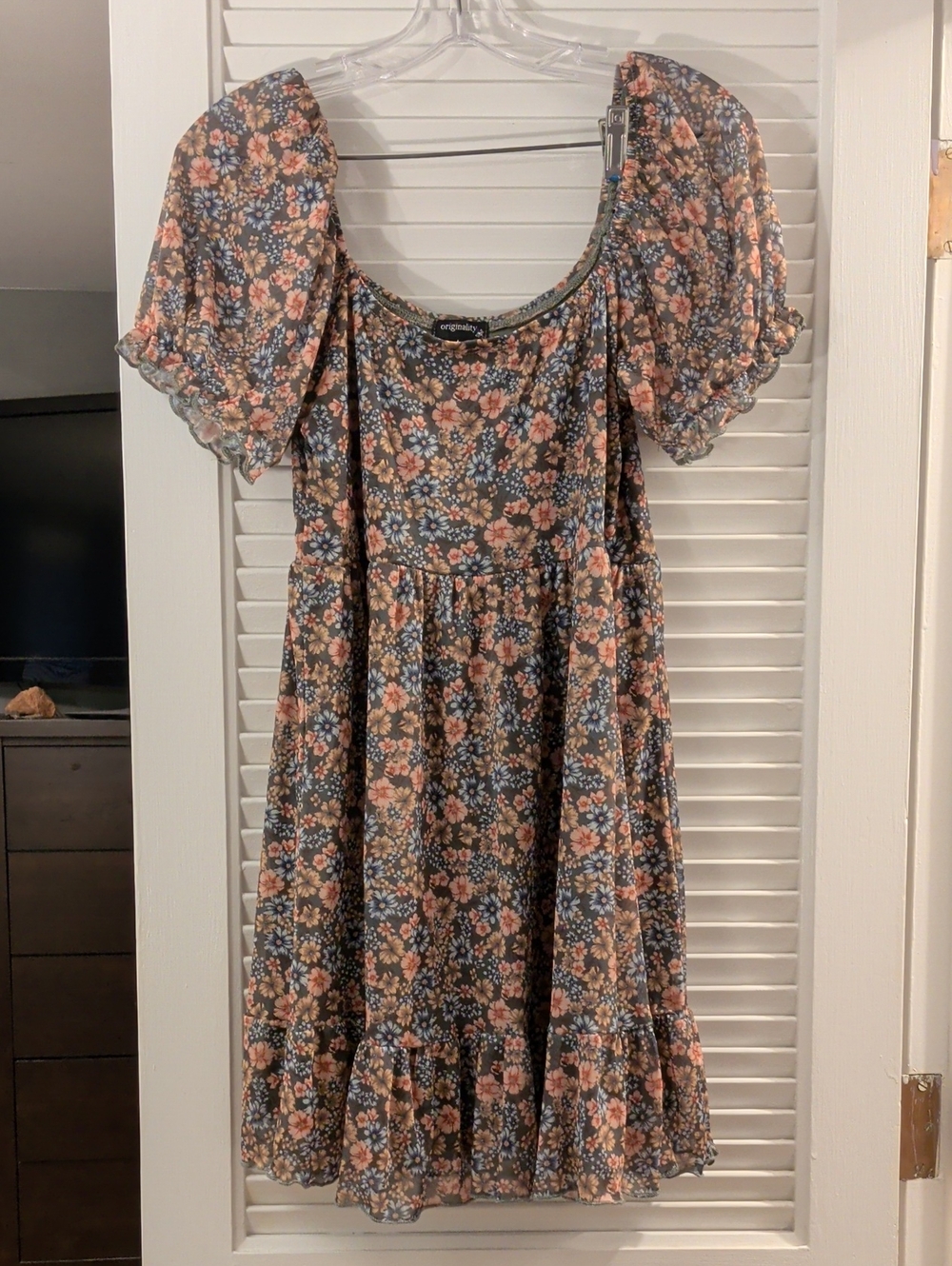 Dry Goods Floral Puff-Sleeve Mini Dress in Dusty Blue and Peach